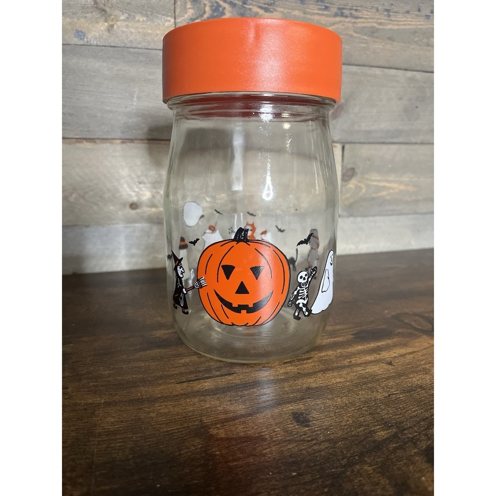 Halloween Jar Canister Ghost Bats Pumpkin Carlton Glass USA Vintage